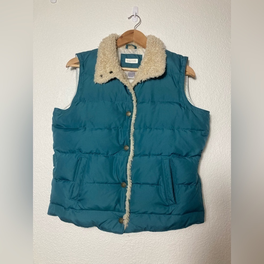 Maurices down filled puffer vest green blue snap front Large